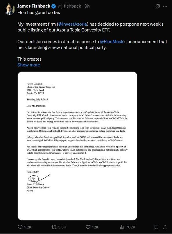 皇冠welcome注册账号_投资公司CEO不满马斯克建新党皇冠welcome注册账号,推迟特斯拉ETF上市